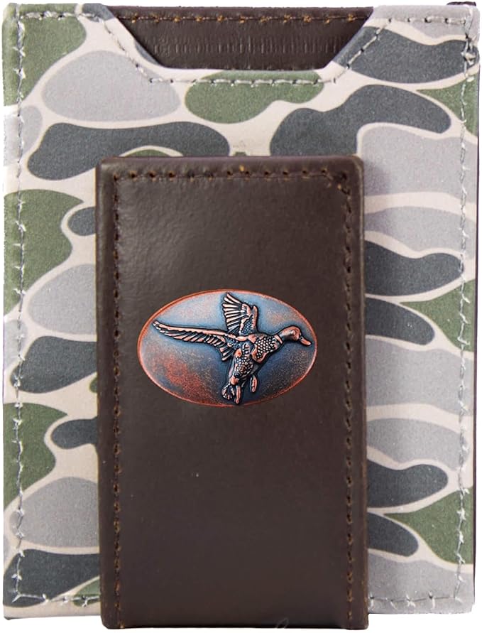 ZEP-PRO Mallard Men's Magnetic Front Pocket Old School Camo Leather Wallet – Slim Design with Card Slots and Money Clip, Green/Gray Camo