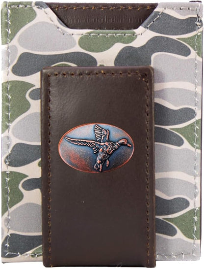 ZEP-PRO Mallard Men's Magnetic Front Pocket Old School Camo Leather Wallet – Slim Design with Card Slots and Money Clip, Green/Gray Camo