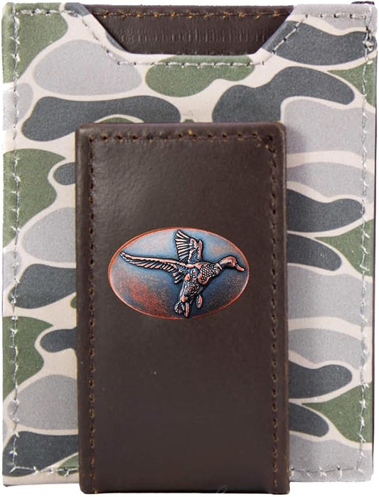 ZEP-PRO Mallard Men's Magnetic Front Pocket Old School Camo Leather Wallet – Slim Design with Card Slots and Money Clip, Green/Gray Camo
