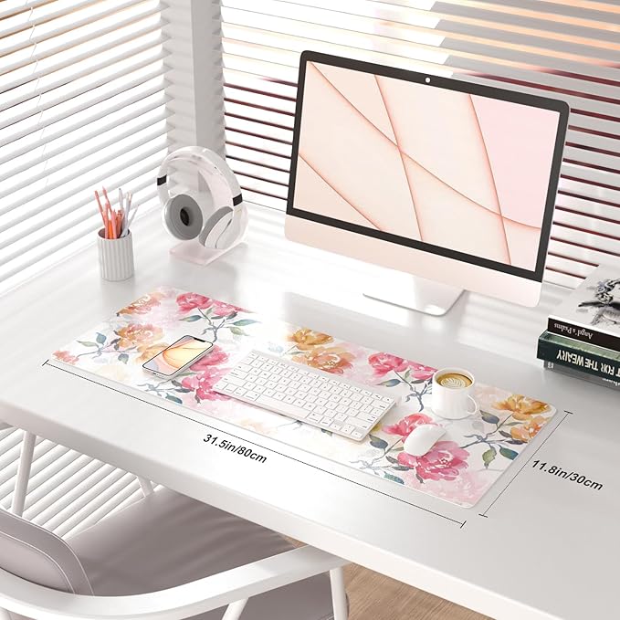 QiyI Floral Mouse Pad, Watercolor Flowers Desk Mat for Desktop, Women Girls Office Décor Accessories, PU Leather Waterproof Gaming Mousepad, Pink Yellow Peonies Desk Pad Computer Mat, 31.5" x 11.8"