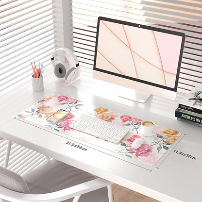 QiyI Floral Mouse Pad, Watercolor Flowers Desk Mat for Desktop, Women Girls Office Décor Accessories, PU Leather Waterproof Gaming Mousepad, Pink Yellow Peonies Desk Pad Computer Mat, 31.5" x 11.8"