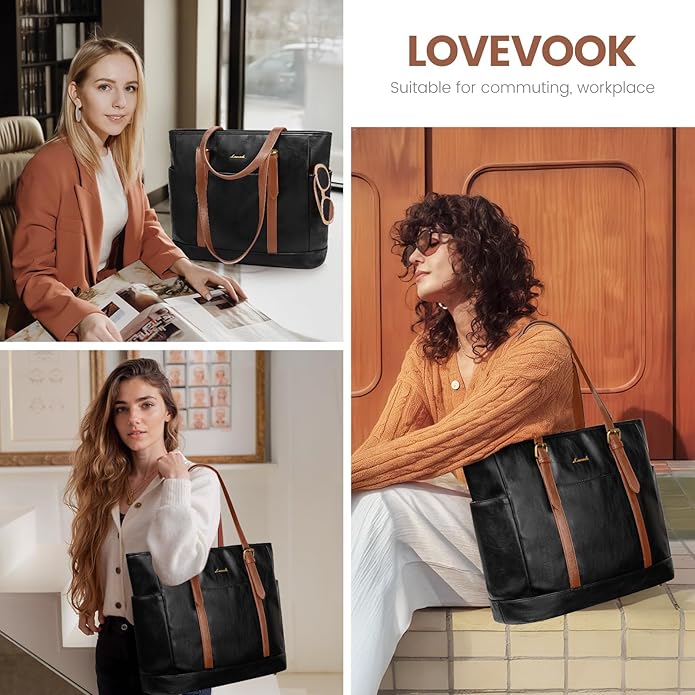 LOVEVOOK Laptop Tote Bag for Women,Vintage Leather Work Tote Bag for Women Computer Briefcase Bag,Waterproof Teacher Business