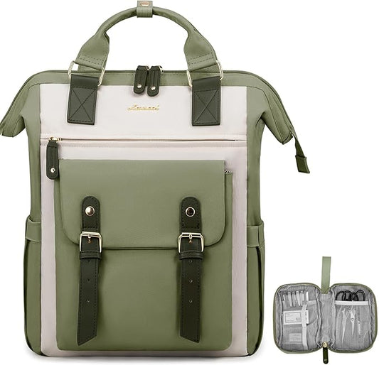 LOVEVOOK Laptop Backpack for Women, Teacher Nurse Bag Work Travel Computer Backpacks Purse,Water Resistant Daypack,Green Beige 15.6in