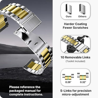 Fullmosa 20mm Stainless Steel Watch Band, Quick Release Metal Replacement Strap with Removable Links, Includes Spring Bars & Link Removal Tool for Men Women (Silver+Golden)