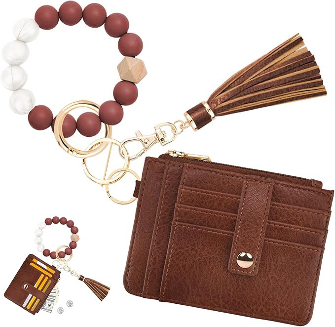 KNGITRYI Wallet Keychain Wristlet for Women,Slim RFID Credit Card Holder Purse Tassel Keychain Bangle Key Ring for Men Women