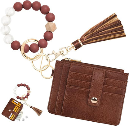 KNGITRYI Wallet Keychain Wristlet for Women,Slim RFID Credit Card Holder Purse Tassel Keychain Bangle Key Ring for Men Women