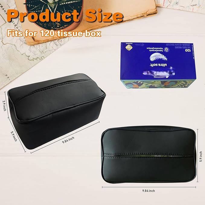 Witaxima Large Car Tissue Holder for 120 Standard Tissues, Premium PU Leather Tissue Holder in Car Backseat Rectangular, Napkin Holder for Car Fits for Kleenex Tissues Box Daily Use Black