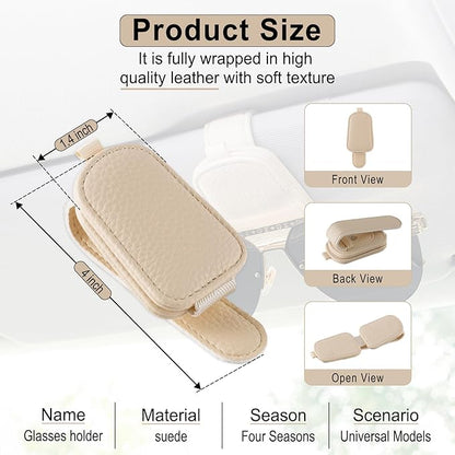 SINGARO Sunglasses Holder for Car, Leather Magnetic Buckle Sun Visor Sunglass Clip, Ticket Card Storage Glasses Clip, Car Interior Accessories for Men and Women（Beige）