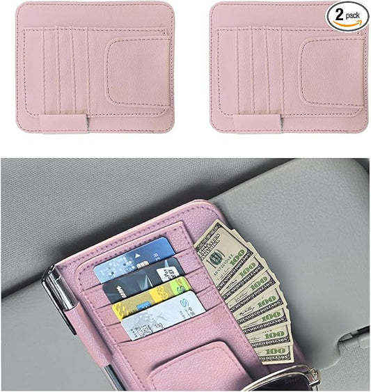 Augeny 2 PCS Car Sun Visor Organizer, Small Auto Visor Organizer and Storage, Registration and Document Holder for Sunglasses, Card, Pen, Driver License, Car Accessories (Pink)