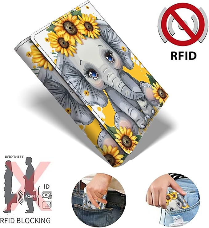 Sunflower Elephant Minimalist Wallet for Men, Pop Up Card Case Wallet for Women, PU Leather Automatic Credit Card Holder Metal Money Clip Wallet RFID Blocking Bifold Pocket Wallet