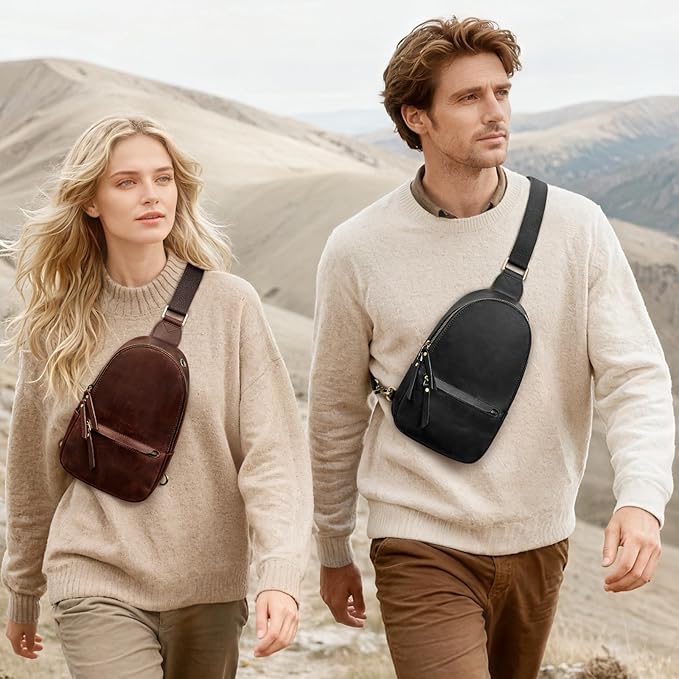 S-ZONE Leather Sling Bags for Women Men, Fanny Packs, Small Crossbody Purse Chest Bag with RFID Blocking