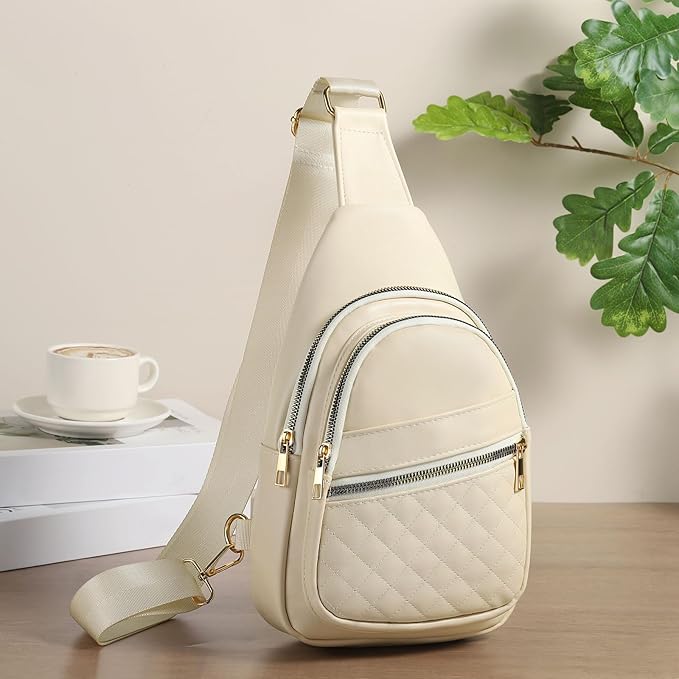Crossbody Bags for Women Men,Leather Sling Bag Cross Body Backpack for Women, Casual Chest Bag Daypack for Travel Hiking, Beige