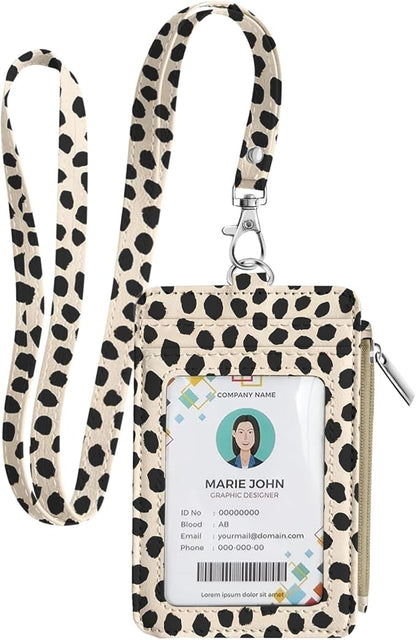 bolimoss Polka Dot Lanyard Wallet with Id Badge Holder Cute Leather Small Credit Card with 5 Card Slots, Side Zipper Coin Pocket,Breakaway Keychain Lanyards for Teacher School Nurse Office Worker