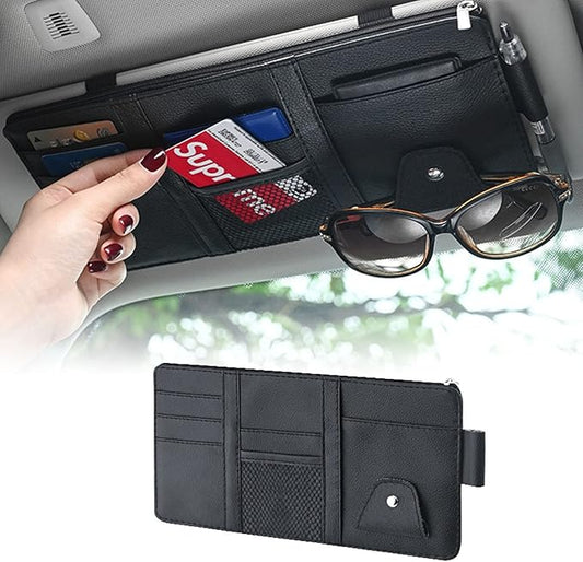 1 Piece Car Sun Visor Organizer, Leather Zipper Visor Storage Bag, 11.4In x 5.9In Multifunctional Pocket Business Card Holder, Universal for Men Women Car Interior Receiving (Black)