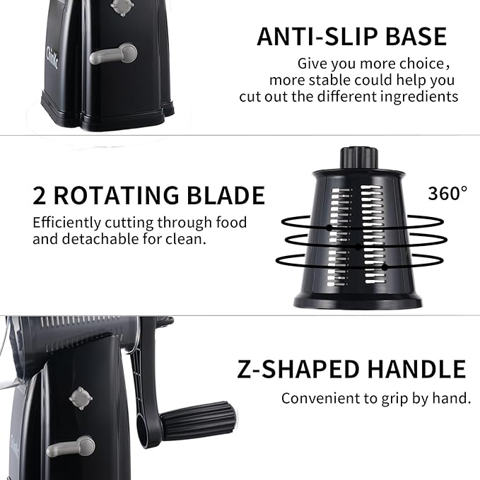 Upgrade Rotary Cheese Grater Shredder with Handle, Strong Suction Base, Multi-purpose Rotary Grater Slicer with 5 Interchangeable Blades for Ice, Vegetables, Fruit, Nuts with Blade Storage Box