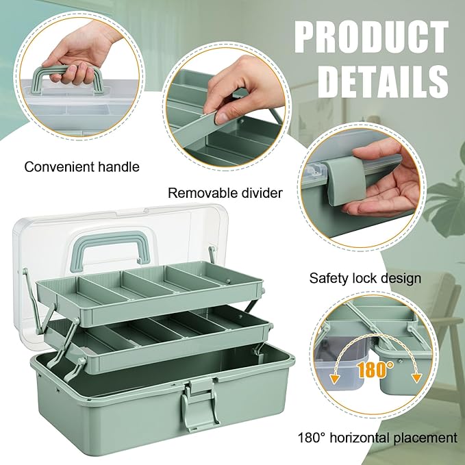 Teecyhooo 2 Pcs 13 Inch 3-layer Multipurpose Craft Organizers Storage Portable Plastic Tackle Box with Adjustable Spacers and Handled Folding Art Craft Case for Sewing Art Supply Medicine(Green)
