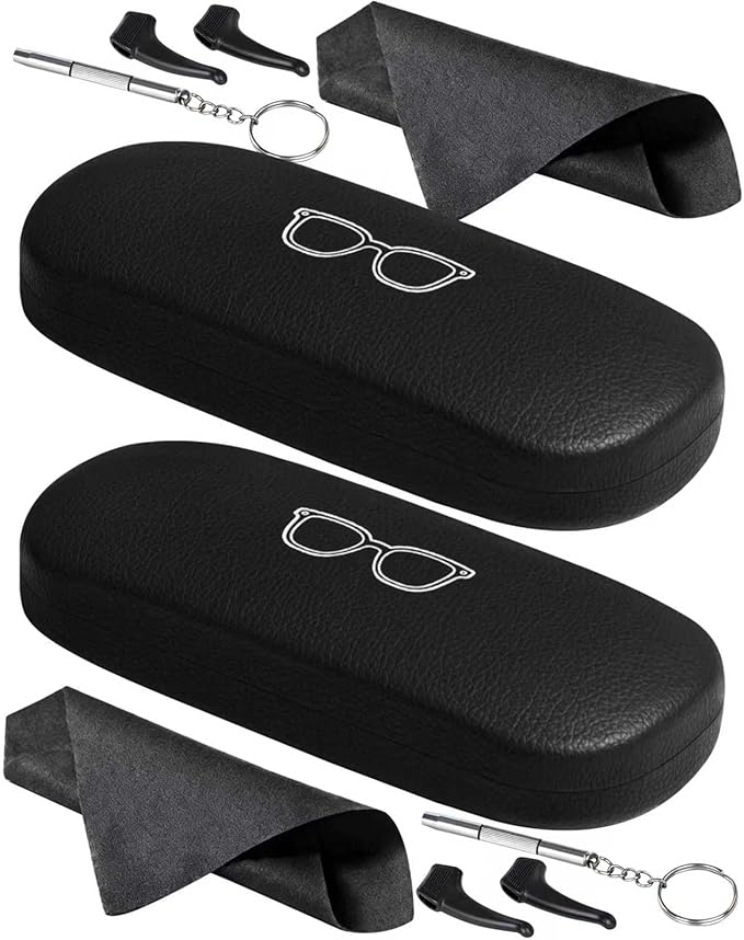 RayLove Glasses Case, 2 Pack Unisex Hard Shell Eyeglass Case PU Leather Hard Eyeglass Case with Eyewear Accessories