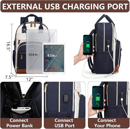Laptop Backpack for Women, Fits 15.6 Inch Laptop Bag, Fashion Travel Work Backpack Anti-theft Bag with USB Charging, Business Computer Waterproof Backpack Purse, Beige Blue Brown