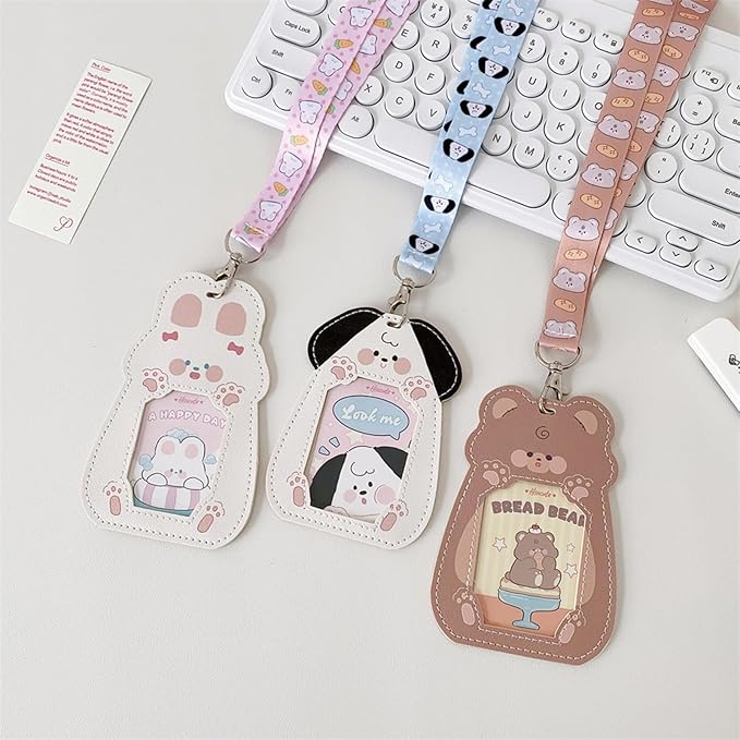 Cute Badge Holder Lanyard Cartoon Bunny ID Card Holder Kawaii ID Badge Keys Lanyard Strap Neck Lanyard PU Leather Badge Holder for Women Girls Boys (Bunny)
