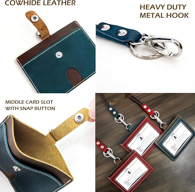Badge Holder: Boshiho Cowhide Leather ID Badge Card Holder with 19" Neck Lanyard, Horizontal Style (Blue)
