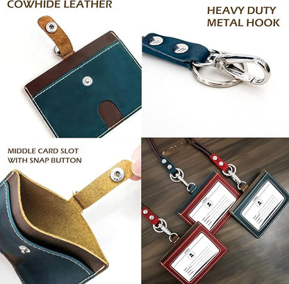 Badge Holder: Boshiho Cowhide Leather ID Badge Card Holder with 19" Neck Lanyard, Horizontal Style (Blue)