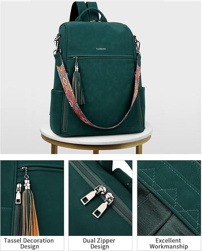 FADEON Leather Laptop Backpack for Women Designer 15.6 inch PU Laptop Bag, Ladies Travel Computer Work Backpack Green