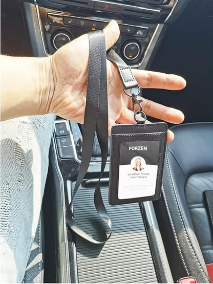 Leather Badge Holder, Vertical ID Card Holder with Clear Window, 2 Elastic Card Slots & Detachable Lanyard for Offices, Schools (Black-F)
