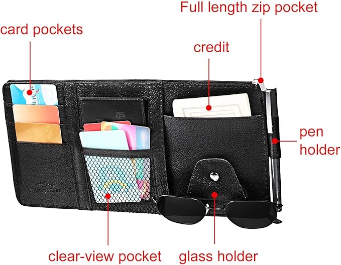 Boao 2 Packs Car Sun Visor Organizer, Sunglasses Holders for Car Sun Visor PU Auto Interior Accessories Storage Travel Document Holder with Multi Pocket (Black, 12.2 x 6.1 Inches)