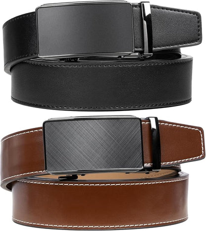 2 Pack Ratchet Belt 1 3/8", Mens leather Dress Belt in Gift Set Size 28"-62" Adjustable waist Trim to Fit