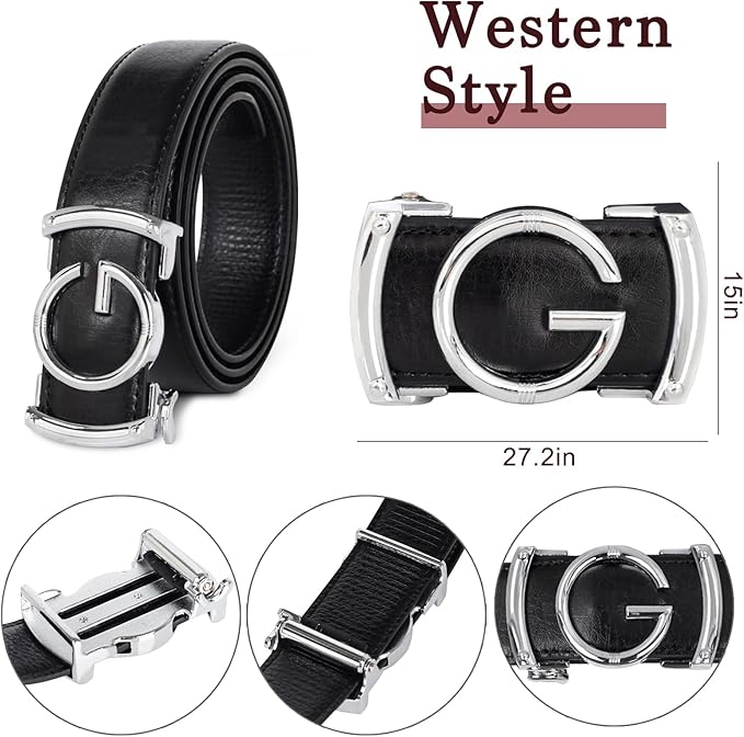 Aurolran Men&Womens Leather Dress Belt Business Automatic Buckle Belt Color-Black Silver Gold