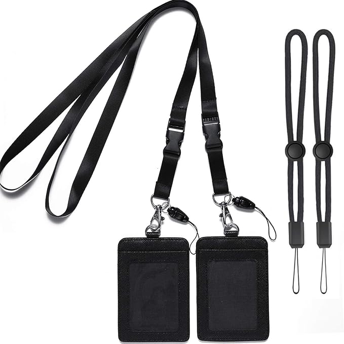 YOUOWO 2 Pack Badge Holders Leather+2 Pack Neck Lanyards Detachable Buckle Black Lanyard Strap for Men Women Keys 2-Sided PU Leather Vertical ID Cards Holder with 1 ID Window and 2 Card Slot