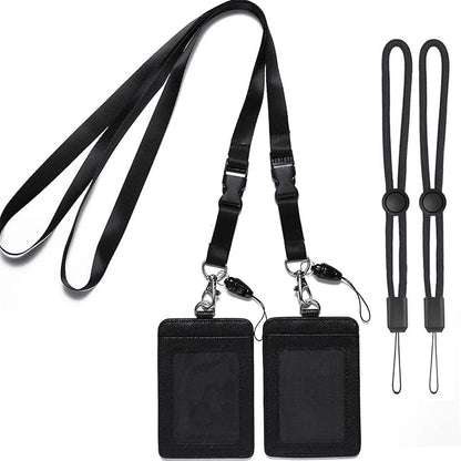 YOUOWO 2 Pack Badge Holders Leather+2 Pack Neck Lanyards Detachable Buckle Black Lanyard Strap for Men Women Keys 2-Sided PU Leather Vertical ID Cards Holder with 1 ID Window and 2 Card Slot