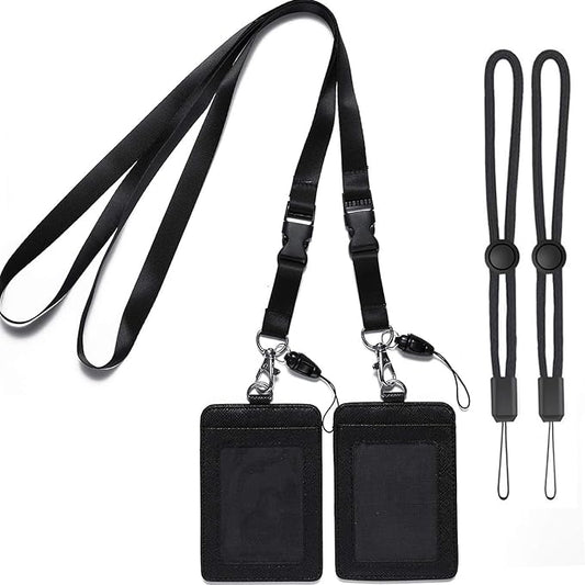 YOUOWO 2 Pack Badge Holders Leather+2 Pack Neck Lanyards Detachable Buckle Black Lanyard Strap for Men Women Keys 2-Sided PU Leather Vertical ID Cards Holder with 1 ID Window and 2 Card Slot