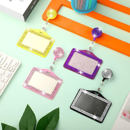 4 Pieces Bling ID Badge Holder Rhinestones Badge Holder Rhinestone ID Small Reel Rhinestone Cute Bling Crystal Reel Card for Office Business Home