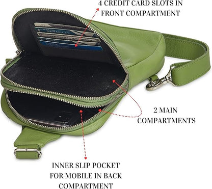 Leather Sling Bag for Women Genuine Crossbody Purse Small Trendy Cross Over Chest with Phone and Credit Card Slots (Sage Nappa)