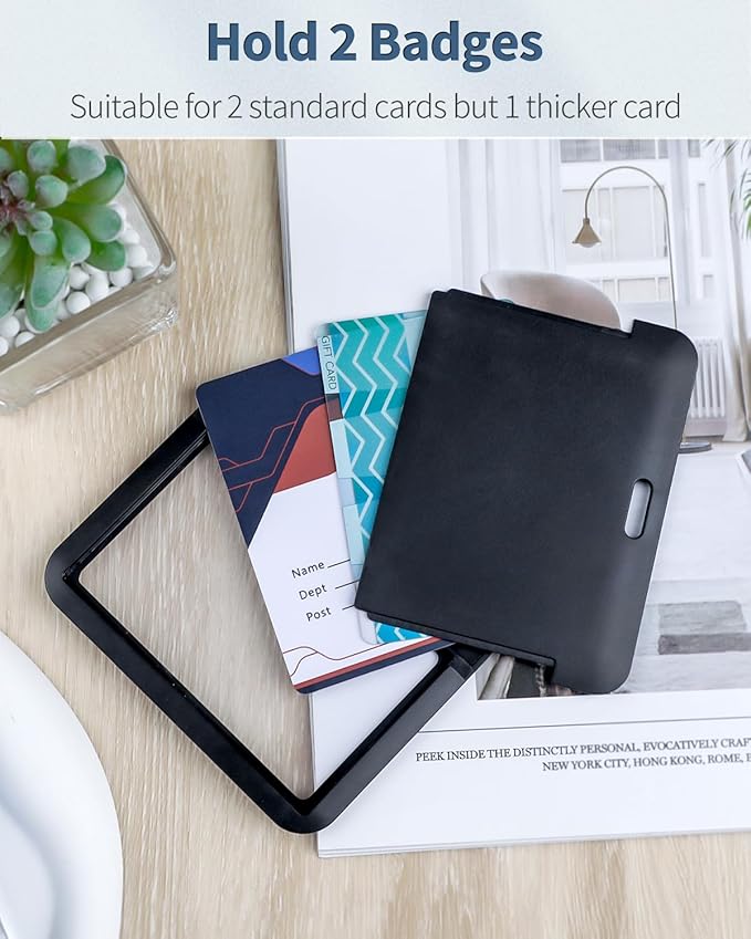 Uniclife 3 Pack Sliding Badge Holder Hard Black Horizontal Plastic Card Case Protector with Retractable Badge Reel Carabiner for Office School ID Credit Proximity Key Card Driver’s License and Pass