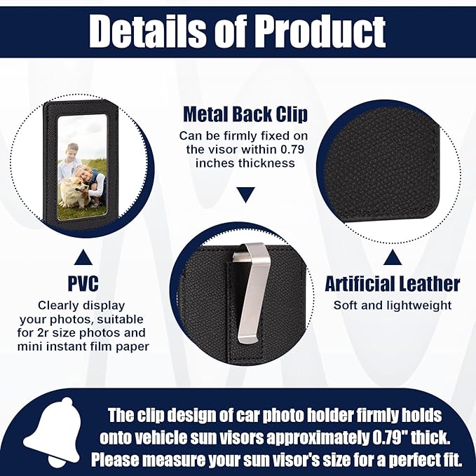 2 Pack Car Picture Frame Visor Clip Leather Sun Visor Photo Clip Holder Personalized Car Picture Holder Display Visor Photo Frame Vertical Horizontal fit 2.36"x3.54" Photo Mini Instant Film