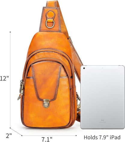 NIUCUNZH Genuine Leather Sling Bag Front Metal-Latch Crossbody Bags Handmade Vintage Chest Shoulder Backpack for Women Men