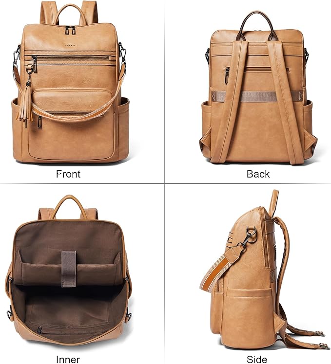Shrrie 15.6 inch Laptop Backpack for Women,Large Leather Purse,Travel Backpacks Carry on,Water Resistant Casual Laptop Backpacks,College Backpack,Work Backpack for Women,Two-tone Camel Brown