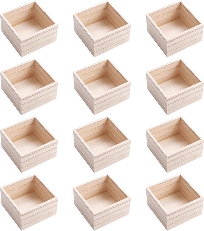 CALPALMY (12 Pack 4'' x 4'' Rustic Wooden Box Storage Organizer Unfinished Small Craft Wooden Box for Collectibles Home Venue Decor Succulents