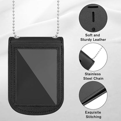 BESARME Police Badge Holder Belt Clip Cowhide Leather Badge Holders Universal Law Enforcement Security Badges Holder with Stainless Bead Chain（Rectangle）