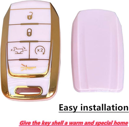 Key Protective Shell for RAM Key Fob Cover with Keychain Fit for RAM 1500 2500 3500 Smart Key Case Accessories (5-Button-Pink-Gold)