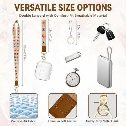 Flower Leather Badge Holder with Zipper Pocket, Work Lanyards and 1 Zip Pocket and 4 Card Slots, Kraft Paper Breakaway Lanyards with Metal Clasp for Boys, Adult, Teachers