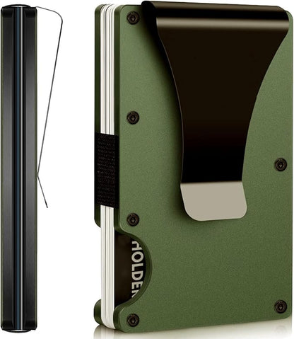 Leatherboss Wallet for Men RFID Blocking Minimalist Metal Card Holder with Money Clip Holds Credit Cards and Cash (Army Green)