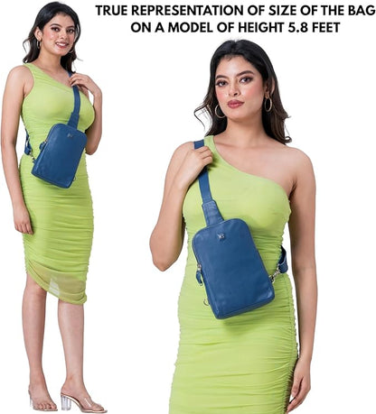 Leather Sling Bag for Women Genuine Crossbody Purse Small Trendy Cross Over Chest with Phone and Credit Card Slots (Sapphire Blue Nappa)