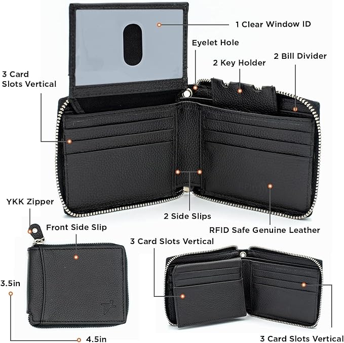 RFID Safe Leather Bi-fold Chain Wallet for Men Zip around Purse for Women Biker's Trucker YKK Metal Zipper Closure Filp up window ID (Black with Chain)