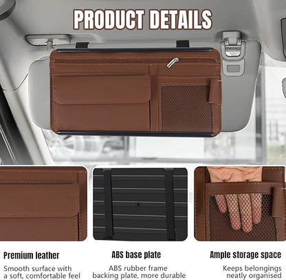 Hovom Car Visor Organizer, Leather Multi-Pocket Auto Sun Visor Storage Pouch with Sunglasses Holder, Card Holder, Zipper Pocket, Net Pocket, Pen Slot, Universal Interior Car Accessories (Brown)