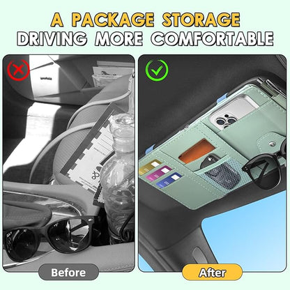 Car Sun Visor Organizer, Leather Pocket Organizer Sunglass Holder for Car Interior Accessories with Multi-Pocket Net Zipper