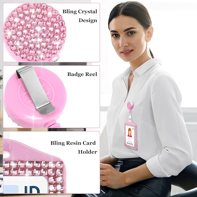 4 Pieces Bling ID Badge Holder Rhinestones Badge Holder Rhinestone ID Small Reel Rhinestone Cute Bling Crystal Reel Card for Office Business Home(Vertical)