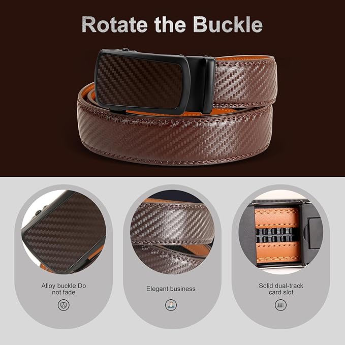 Men's Ratchet Belt Genuine Leather No-Hole Slide Buckle - Adjustable Men's Dress & Casual Belt